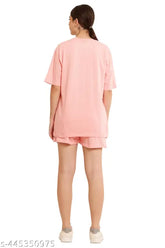 High-quality peach printed cotton nightsuit set with tops & shorts, offering comfortable style for women's lounge & sleep wear, 180 GSM cotton, made in India